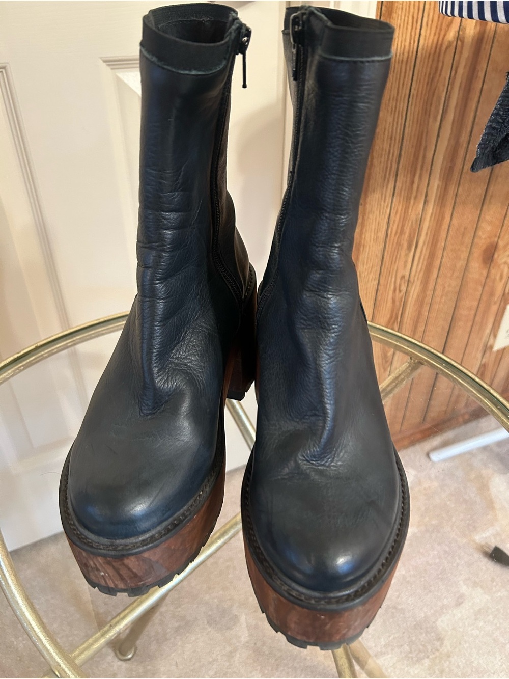Free People Black Leather Platform Ankle Boots with Wood-Look Lug Sole - Picture 3 of 4